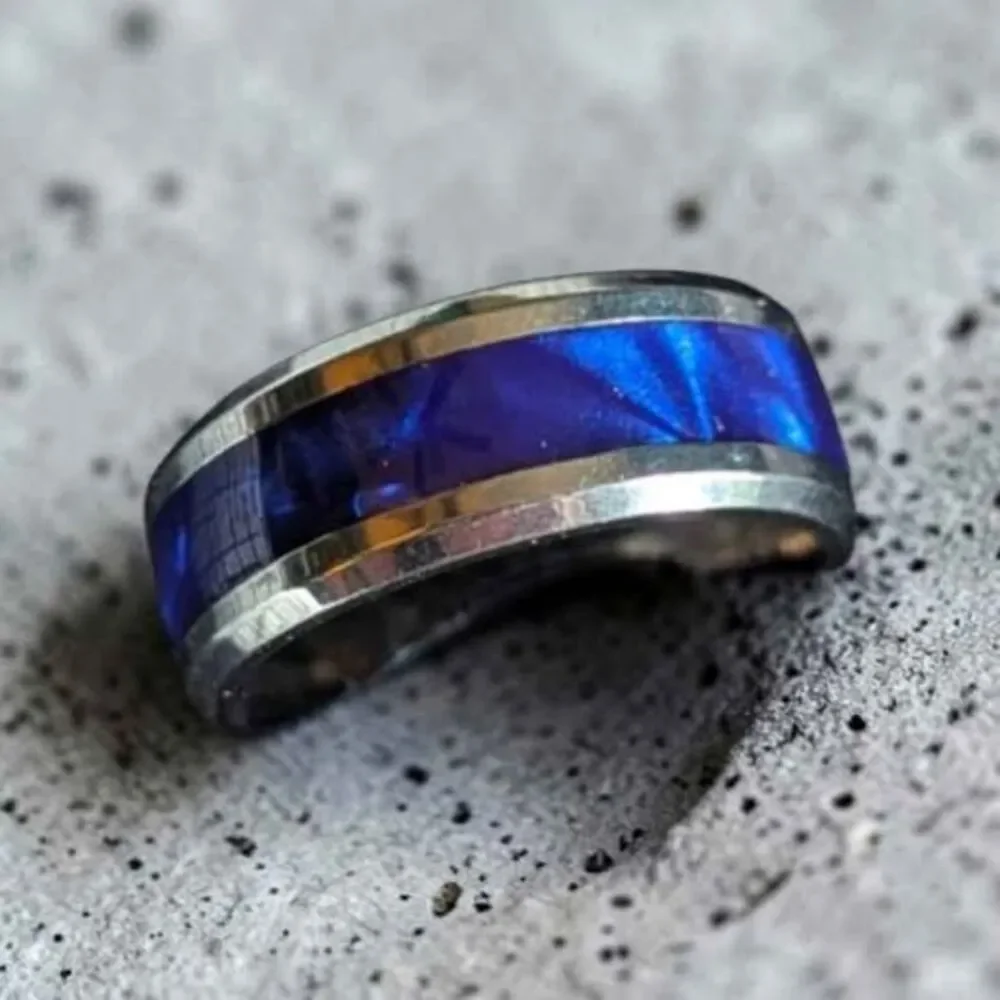 8mm Blue Opalescent Silver Stainless Steel Band Ring Size 9, 10, 12, 12.5, 13